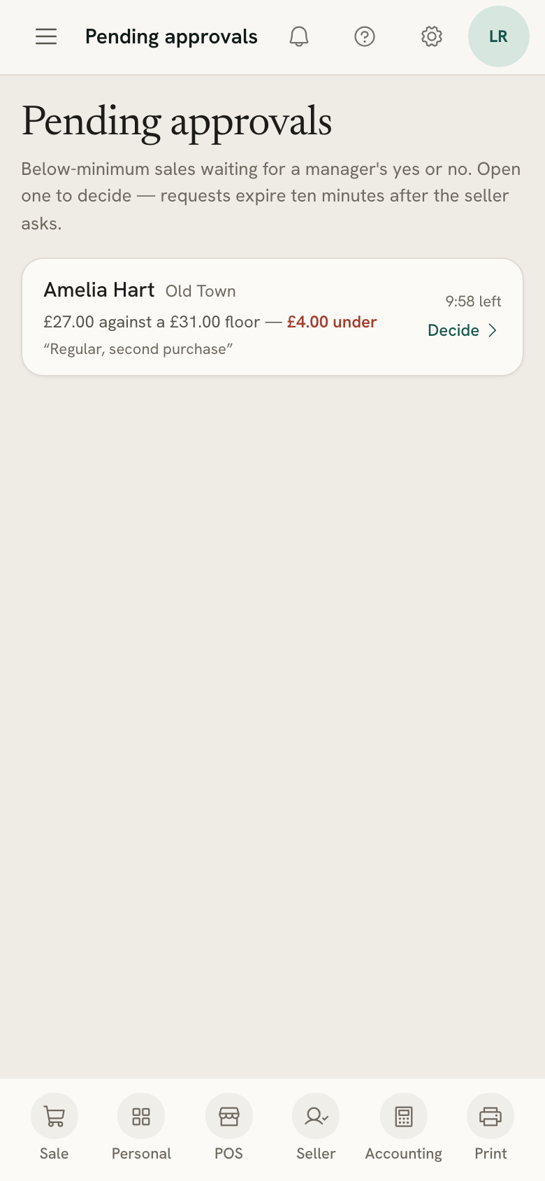 Pending approvals on a manager's phone, with a seller's below-minimum sale waiting