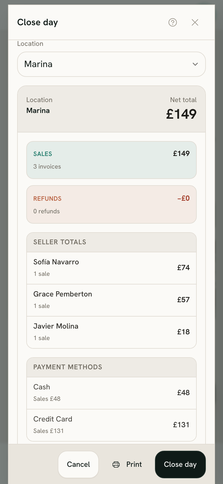 The Close day window for Marina on a phone, with the day's sales, seller totals and payment methods