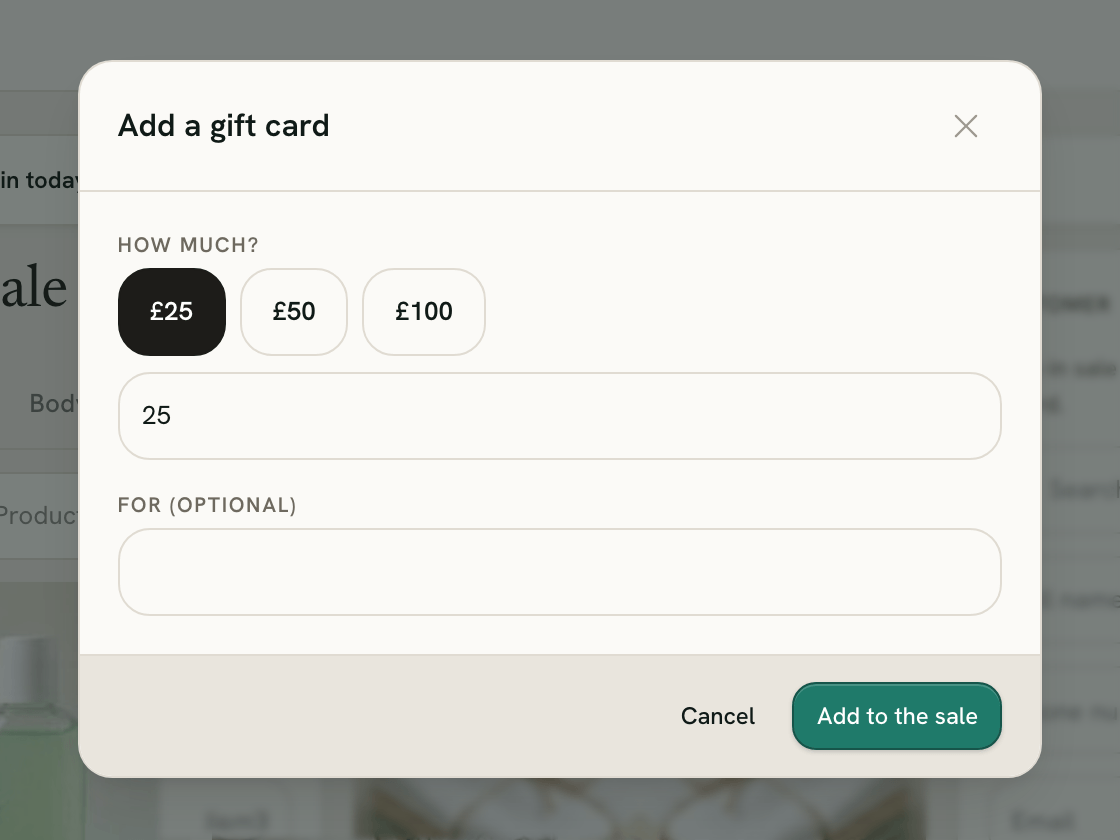 The gift card window on the till, with the shop's preset amounts