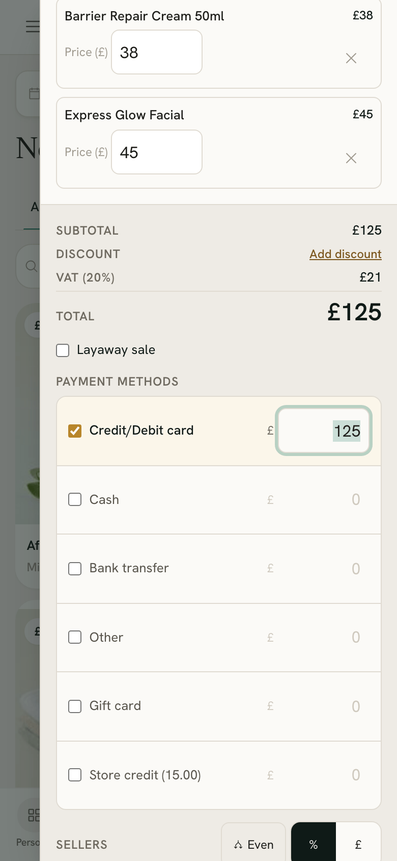 Payment methods on the till on a phone, one method ticked with the total filled in
