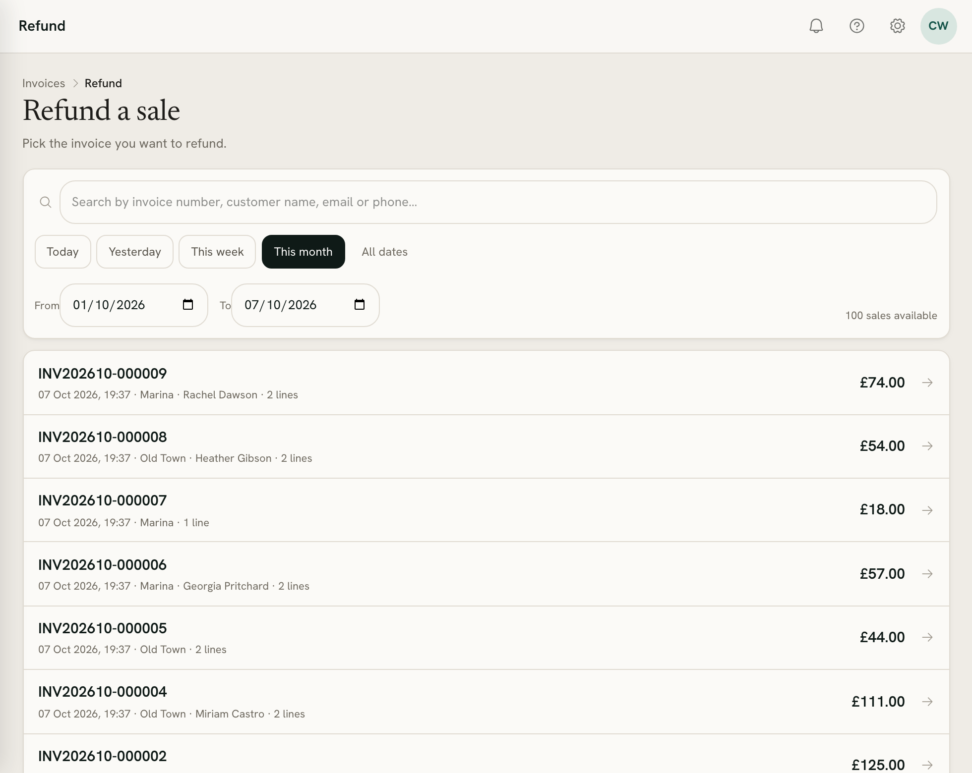 The refund chooser listing recent invoices