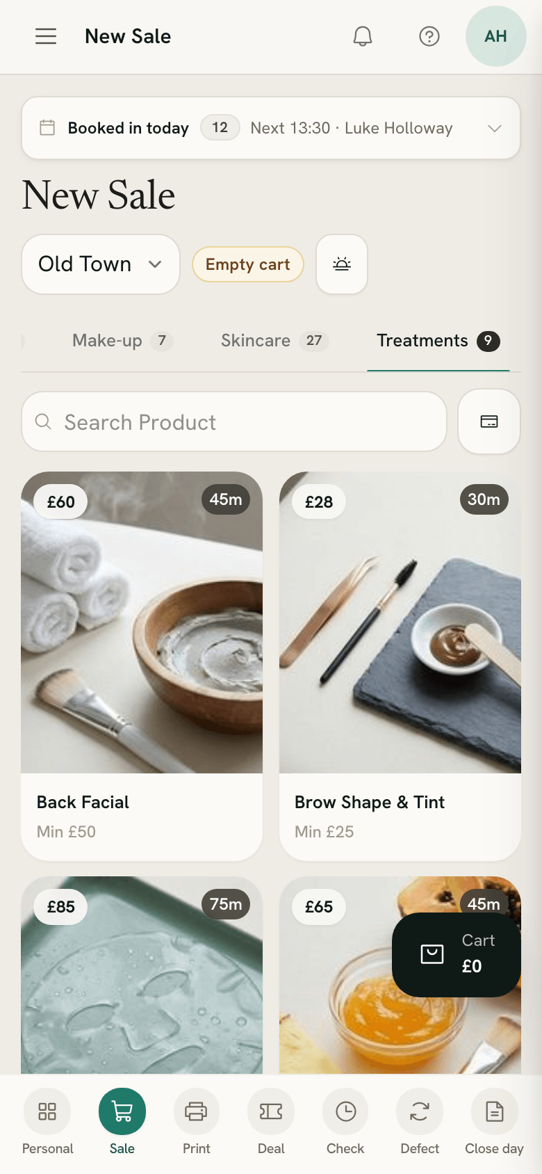 The till's treatments tab on a phone, each card showing the treatment's length