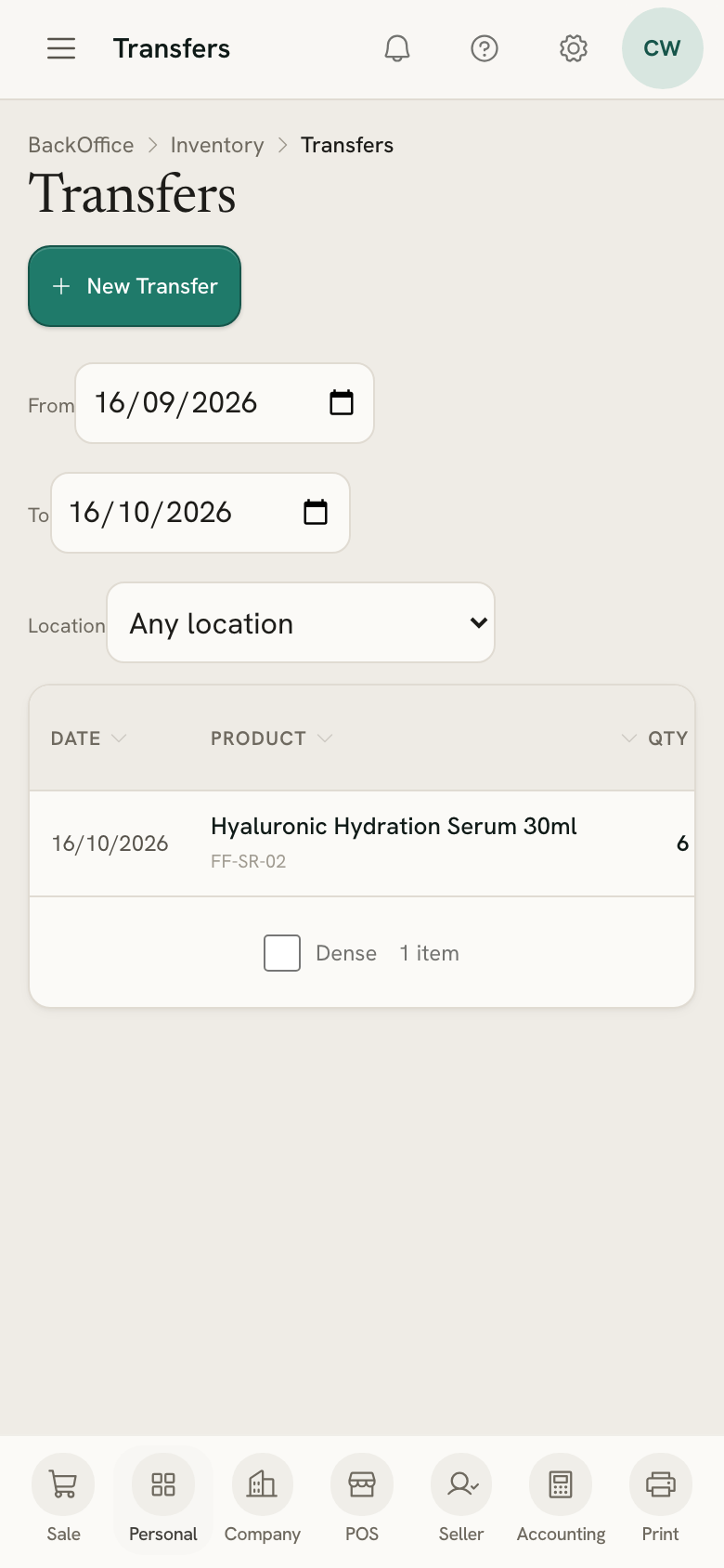 Transfers on a phone, listing a move of stock from one shop to the other