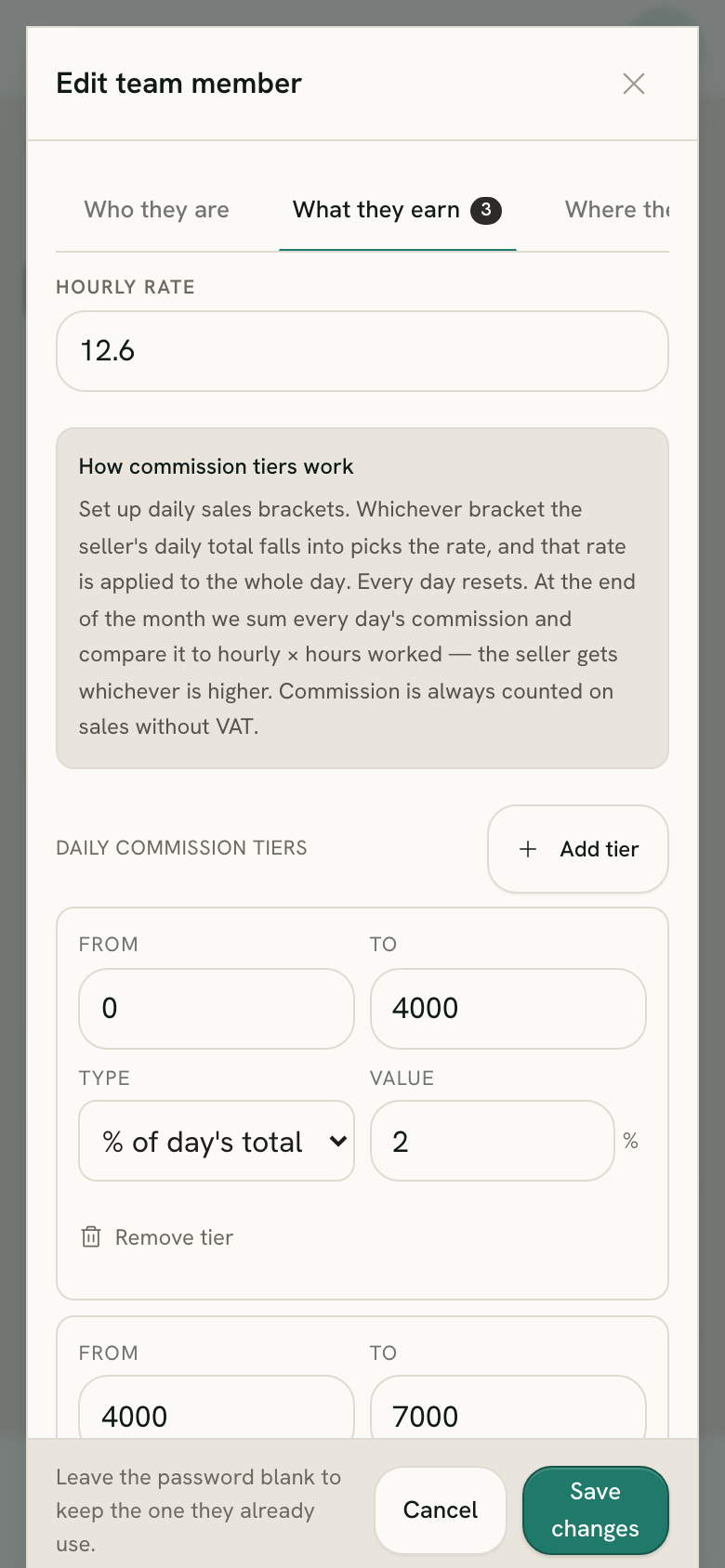 The What they earn tab of a seller's Edit window, on a phone