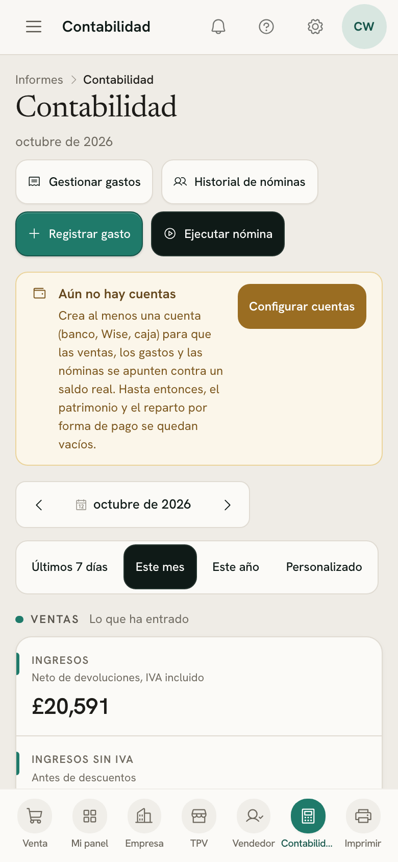 El resumen de Contabilidad en un móvil: ingresos, costes y beneficio del mes