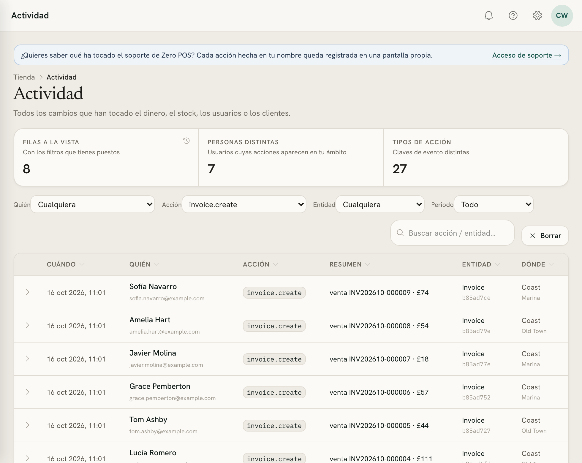 La actividad filtrada por la acción invoice.create: cada venta con cuándo se hizo, quién la hizo, su número de factura y su total