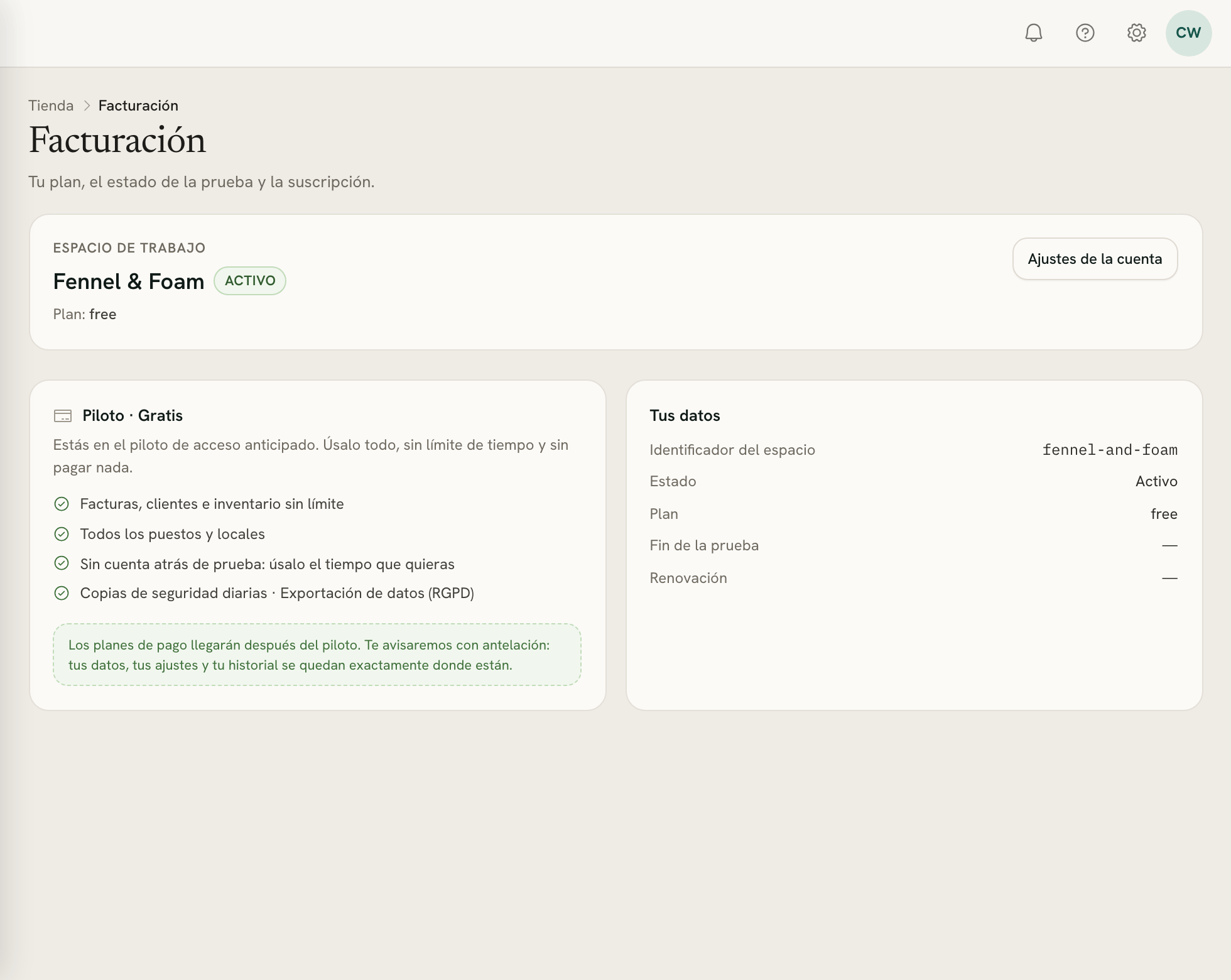 Facturación: el espacio marcado como Activo, el plan Piloto · Gratis con lo que incluye y Tus datos