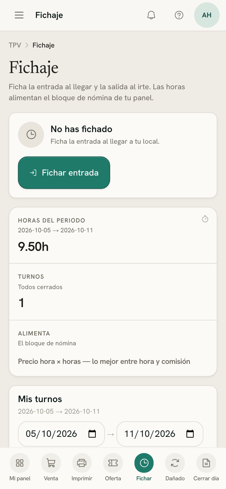 Fichaje en el móvil de una vendedora antes de su turno: el botón Fichar entrada y sus horas de la semana