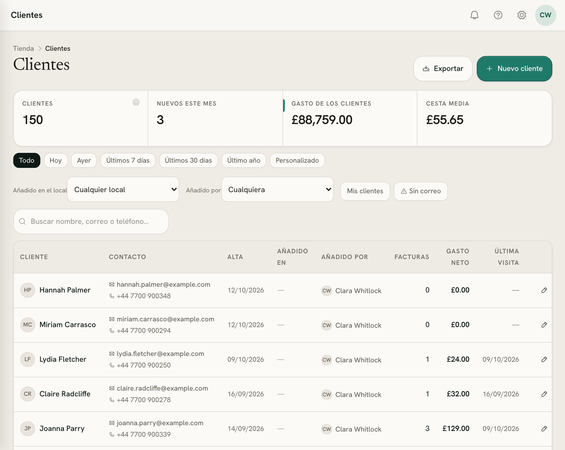 La lista de clientes con búsqueda y filtros
