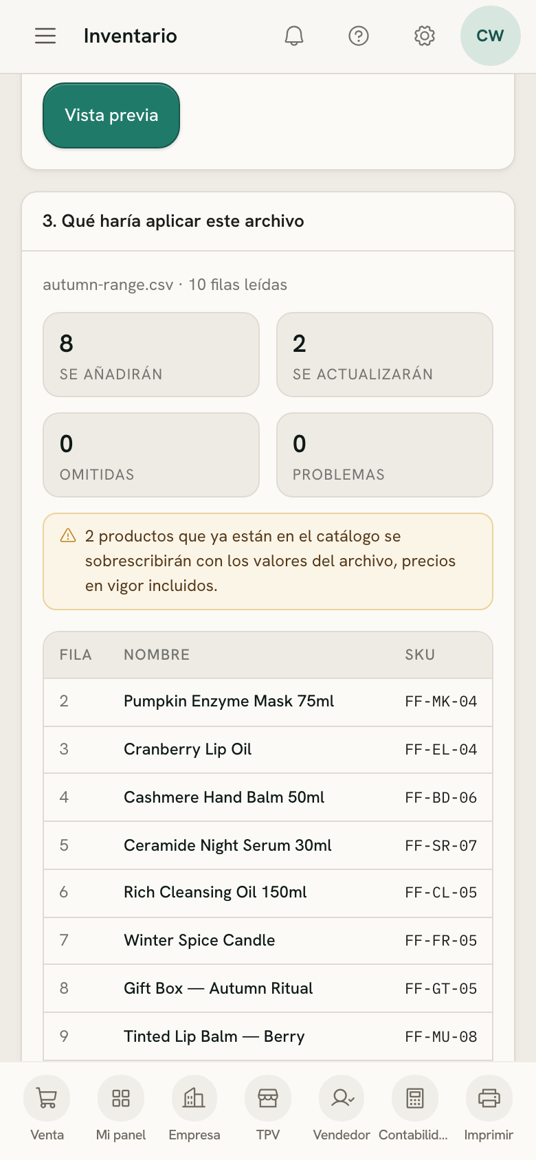 La vista previa de la importación de productos en un móvil: cuántas filas son nuevas, actualizaciones, omitidas o con problemas, y después las filas del archivo