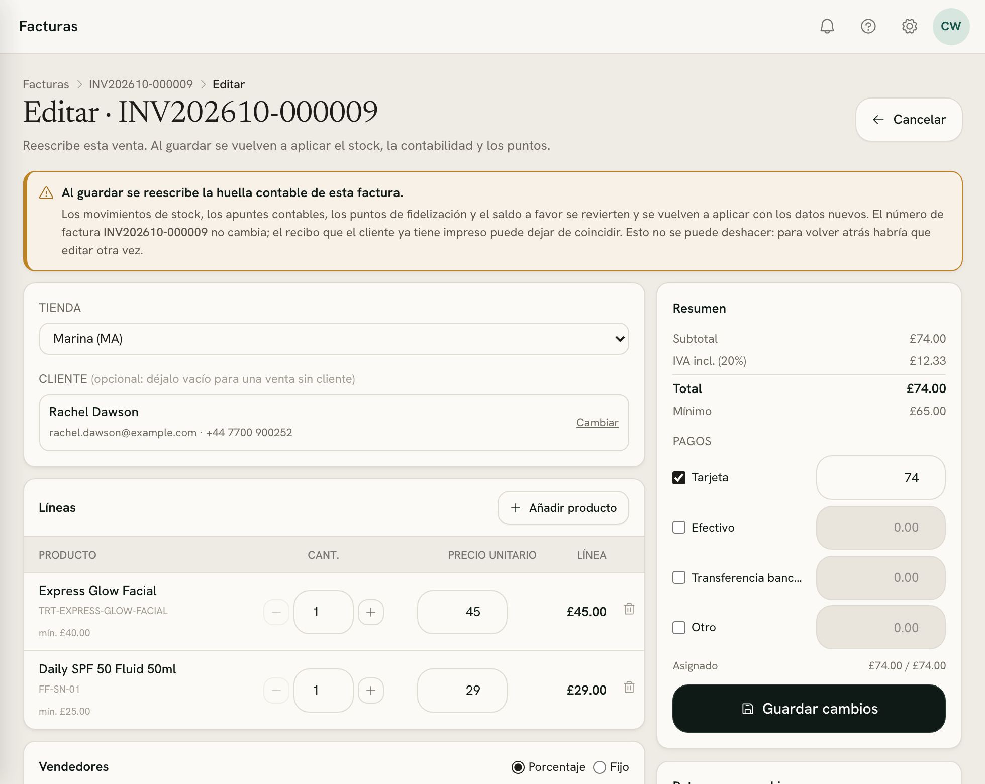 Editar una factura: tienda, cliente, líneas, vendedores y pagos