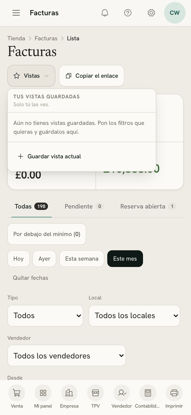 El menú Vistas abierto en la lista de facturas, en un móvil
