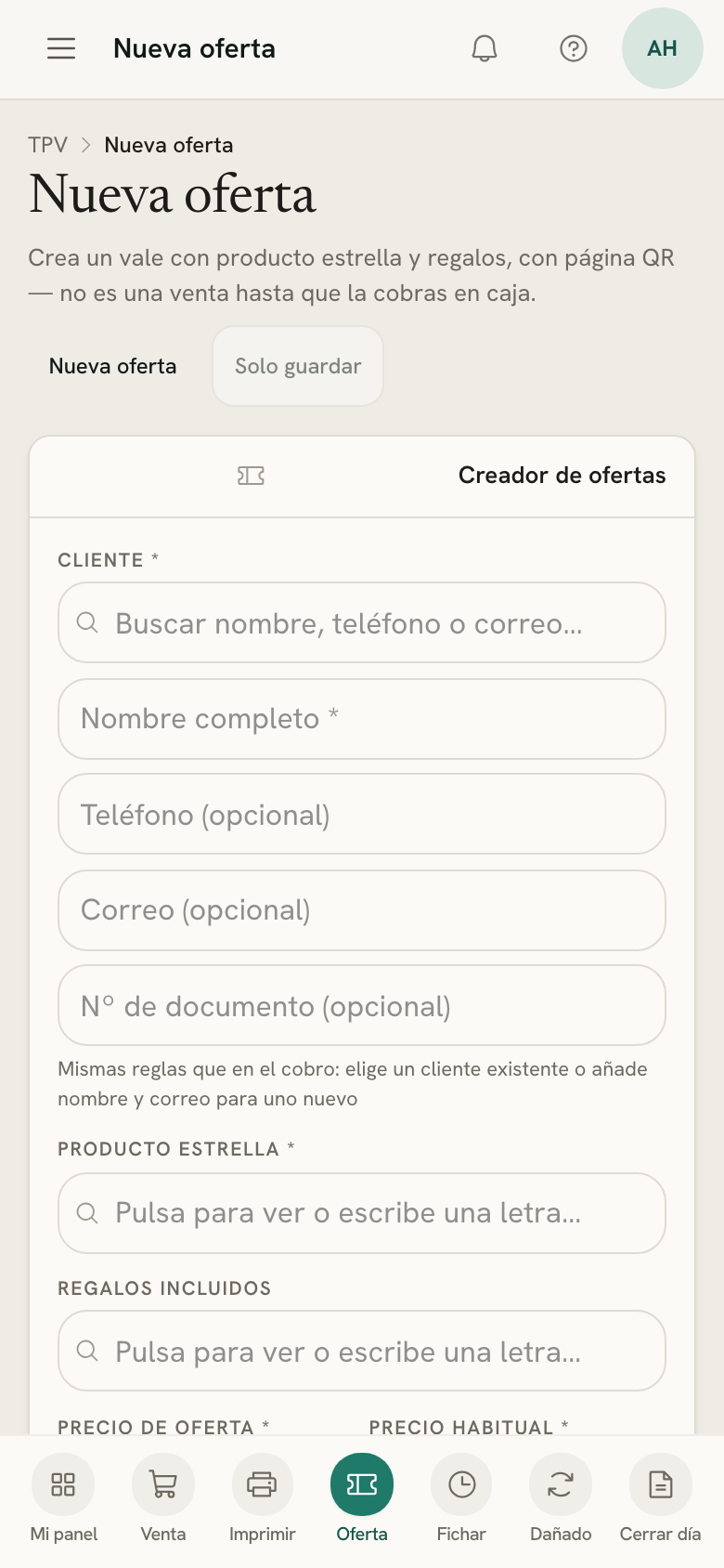 El creador de ofertas en un móvil: cliente, producto estrella, regalos y precios
