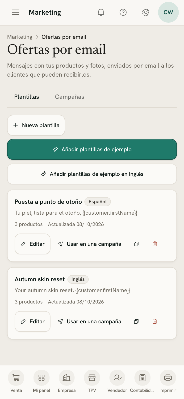 Ofertas por email en un móvil, con las pestañas Plantillas y Campañas y dos plantillas