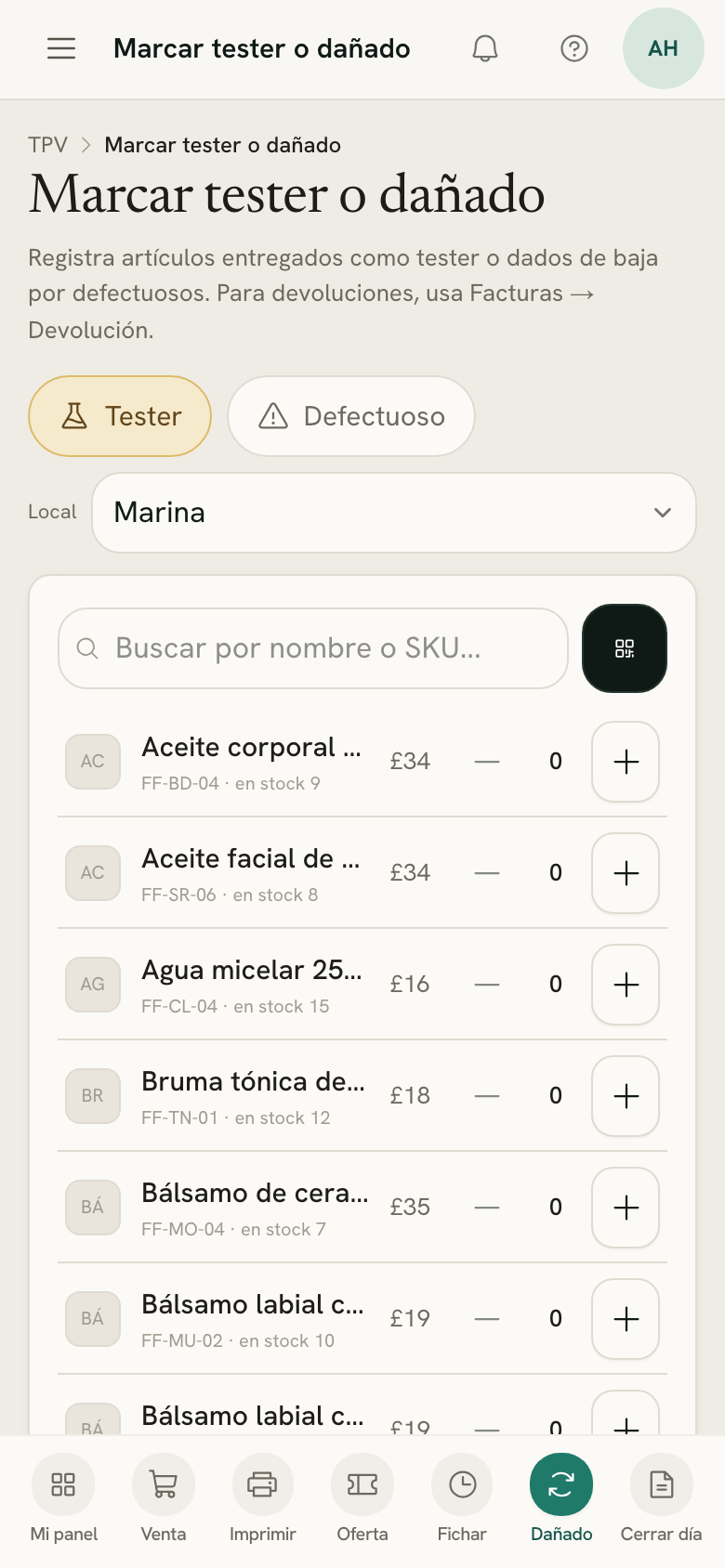 Marcar tester o dañado en un móvil, con Tester elegido y la lista de productos
