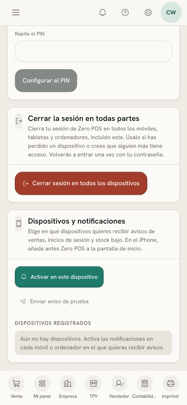 La tarjeta Dispositivos y notificaciones de Mi perfil, en un móvil