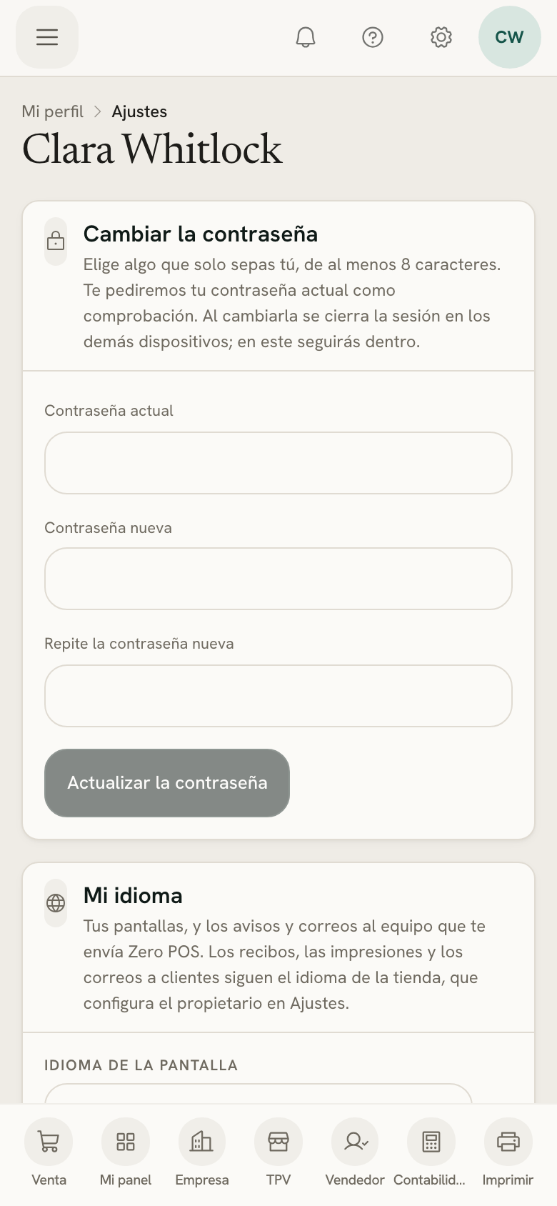 Mi perfil en un móvil: cambiar la contraseña y después Mi idioma