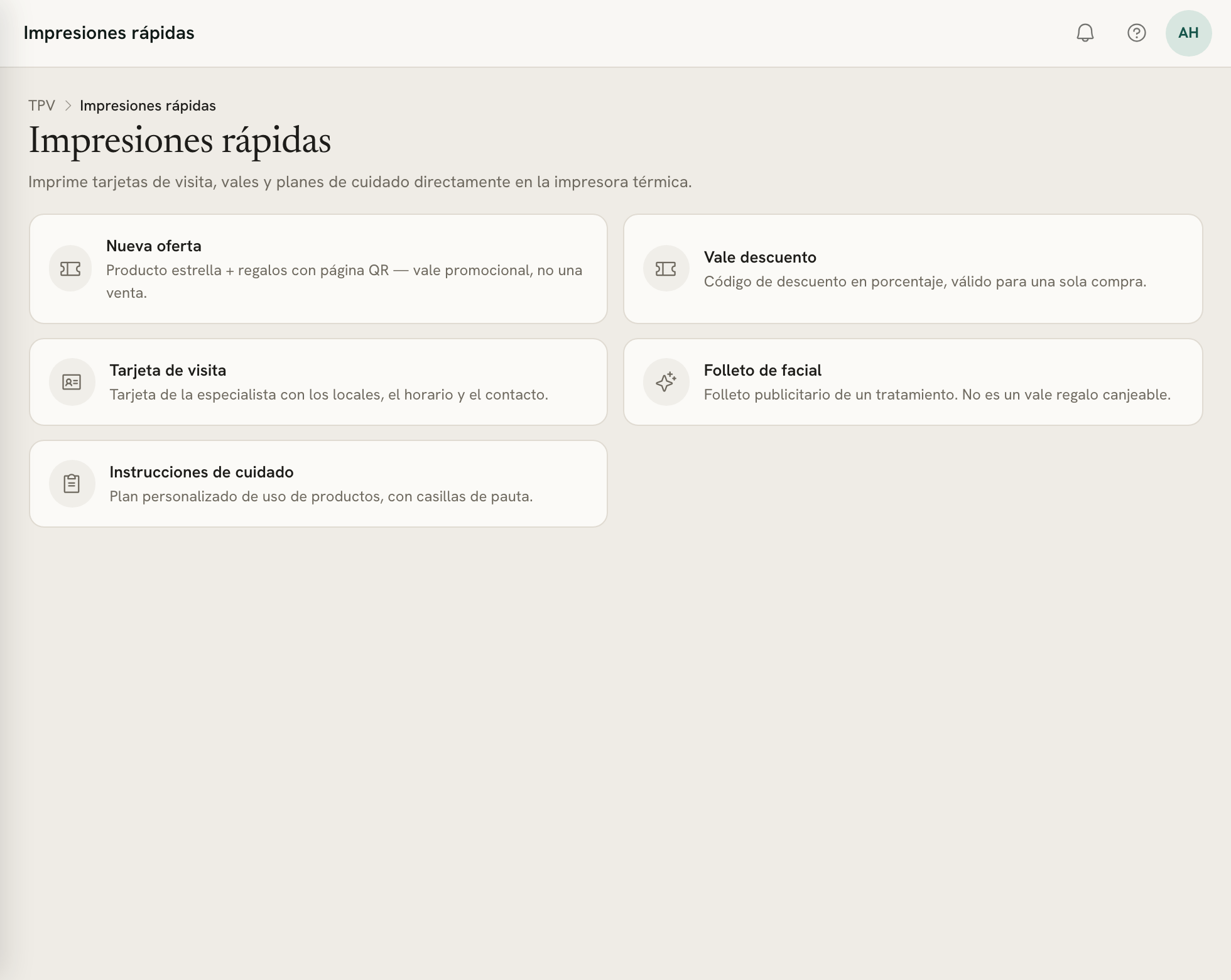 Impresiones rápidas con sus plantillas: nuevo trato, vale de descuento, tarjeta de visita, folleto de facial e instrucciones de cuidado