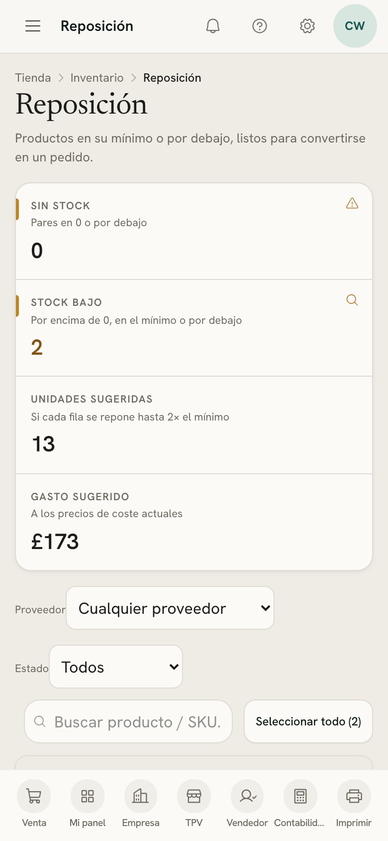 Reposición en un móvil: productos en su mínimo o por debajo, listos para un pedido