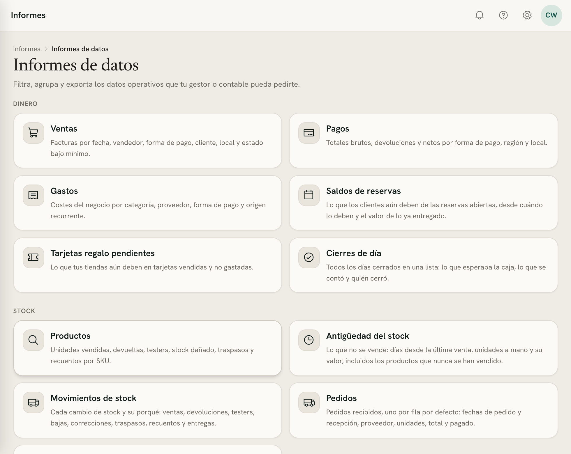 El centro de informes con su cuadrícula de informes