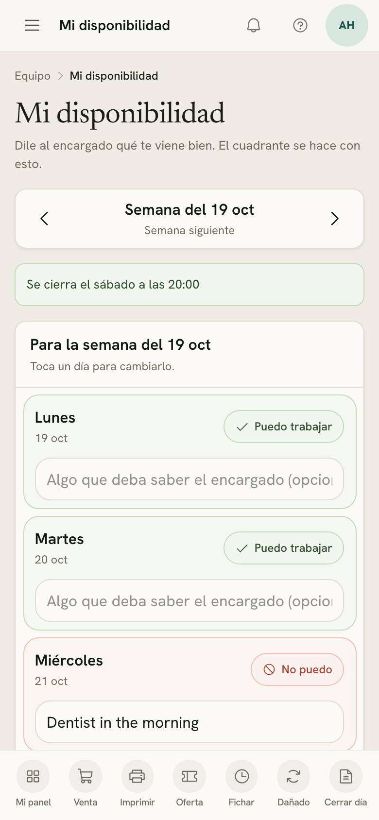 Mi disponibilidad en el móvil de una vendedora, con los días de la semana que viene marcados