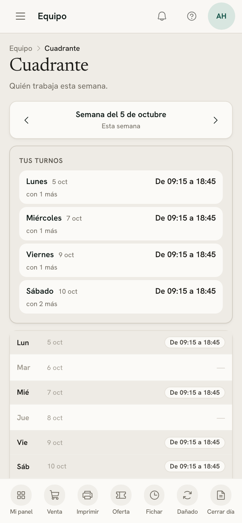 El cuadrante publicado en el móvil de una vendedora, con Tus turnos arriba