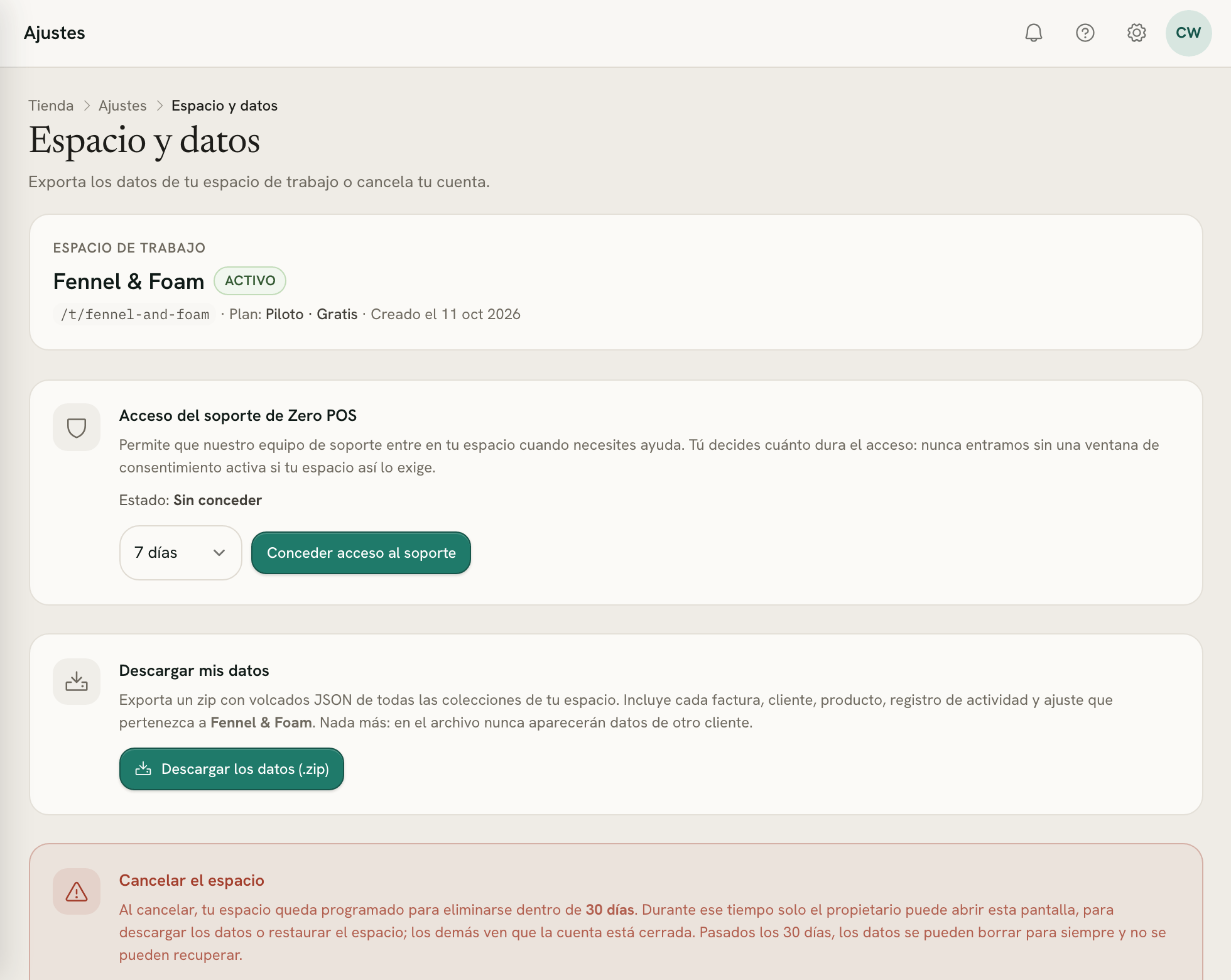 Espacio y datos: el estado y el plan del espacio, el acceso del soporte de Zero POS con su plazo, Descargar mis datos y el principio de Cancelar el espacio