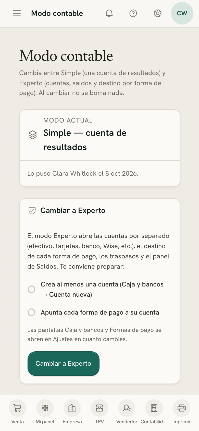 Modo contable en un móvil: el modo actual y lo que necesita el modo Experto