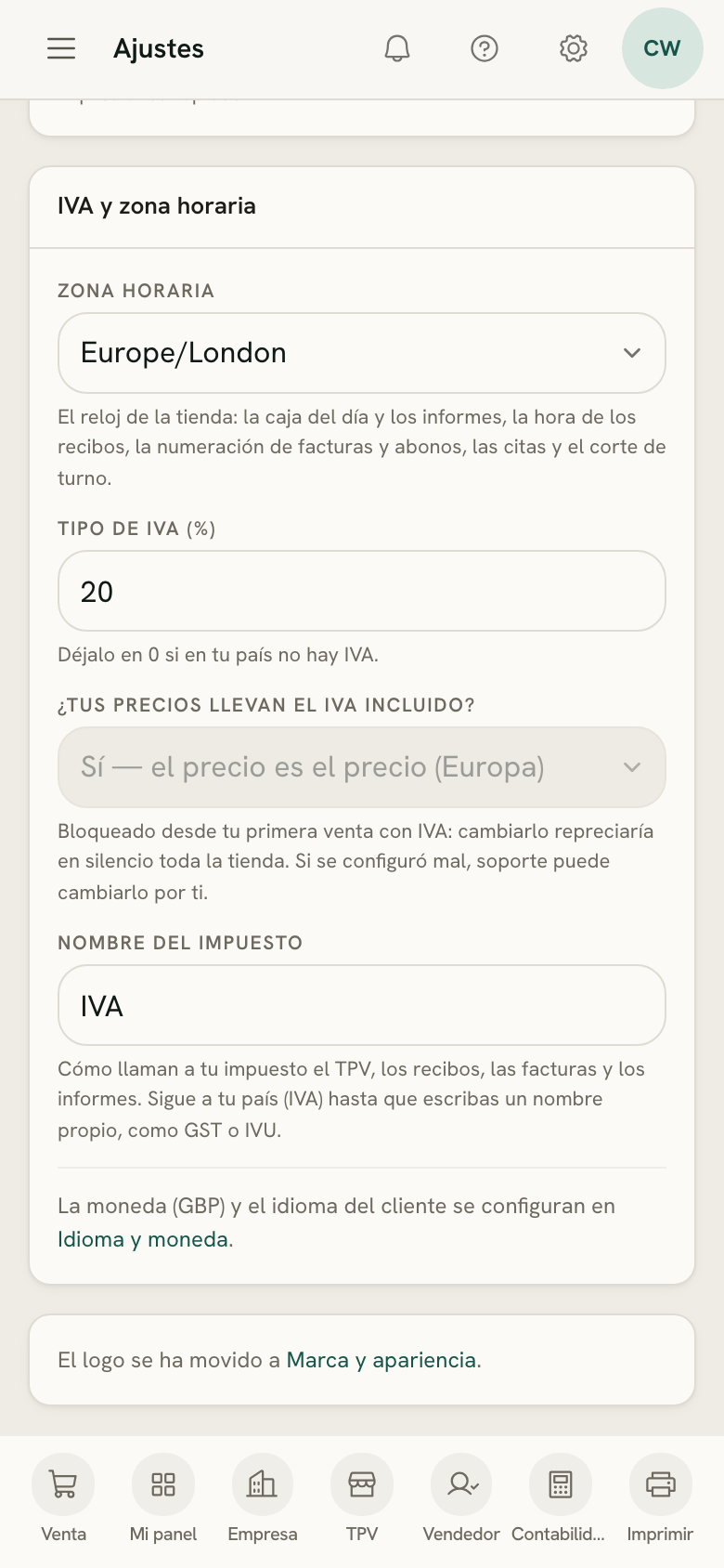 El tipo de IVA y si los precios incluyen IVA, en Datos de la empresa en un móvil