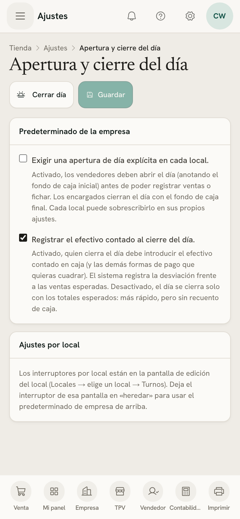 Ajustes → Apertura y cierre del día en un móvil: la apertura obligatoria y el recuento de caja al cerrar