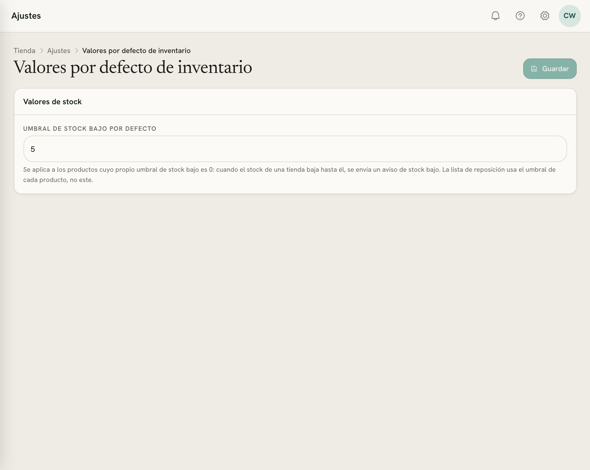 Valores por defecto de inventario: el umbral de stock bajo por defecto, en 5, con a qué se aplica