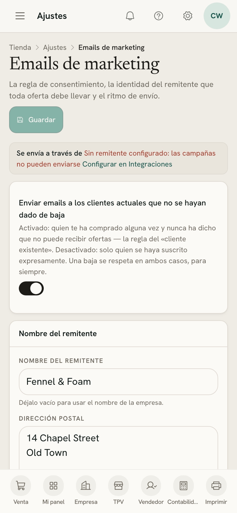 Ajustes → Emails de marketing en un móvil: el aviso de envío, la regla de consentimiento y el remitente