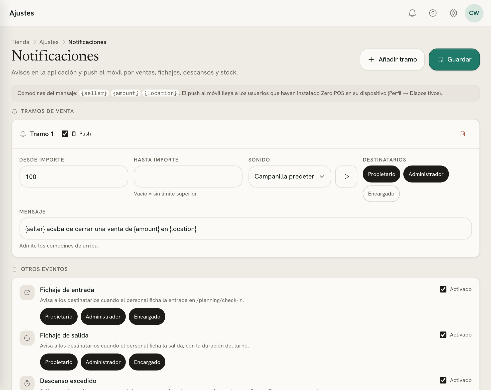 Notificaciones con un primer tramo de venta a medio configurar: desde 100 y sin límite superior, con su sonido, sus destinatarios, el push y el mensaje, y los otros eventos debajo