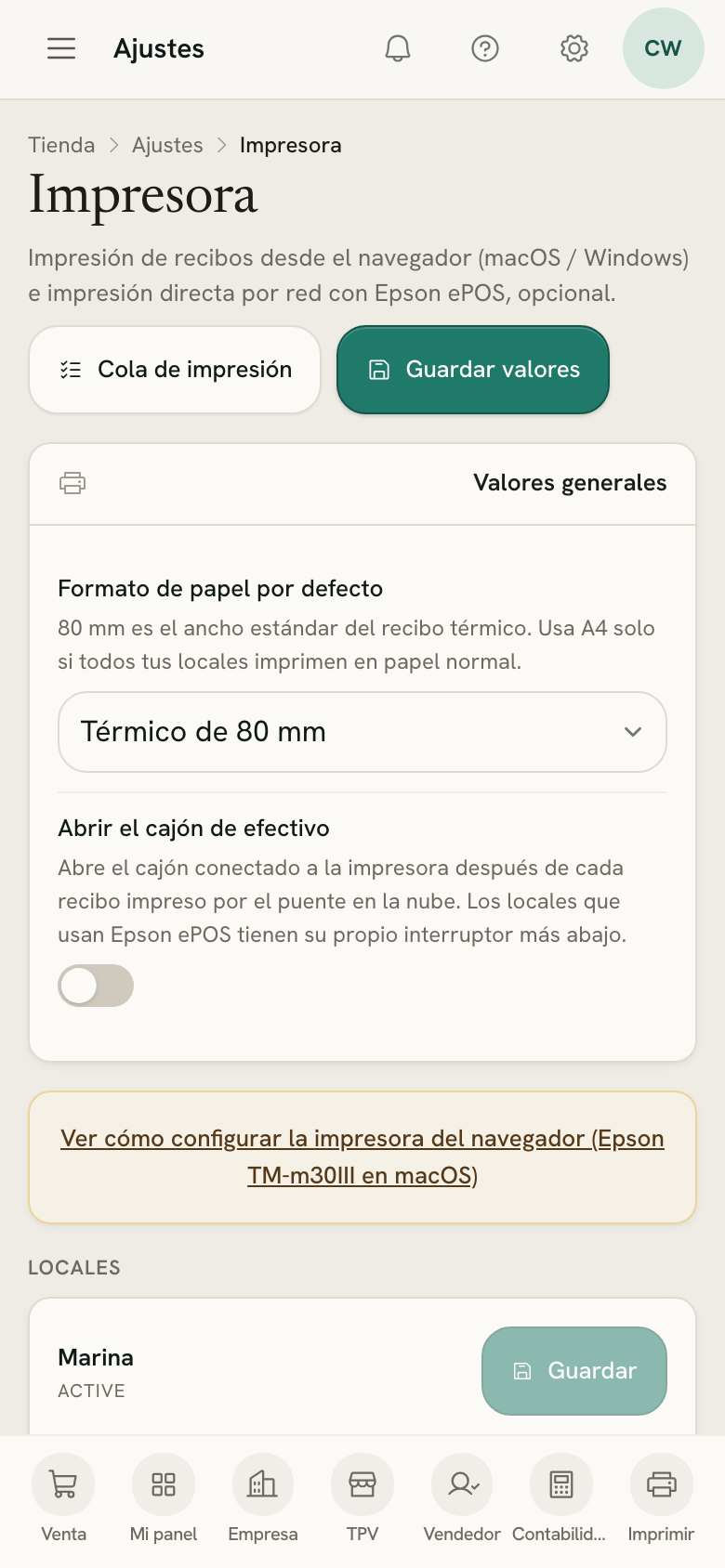 Ajustes → Impresora en un móvil: el formato de papel, el cajón y el modo de impresión de cada tienda