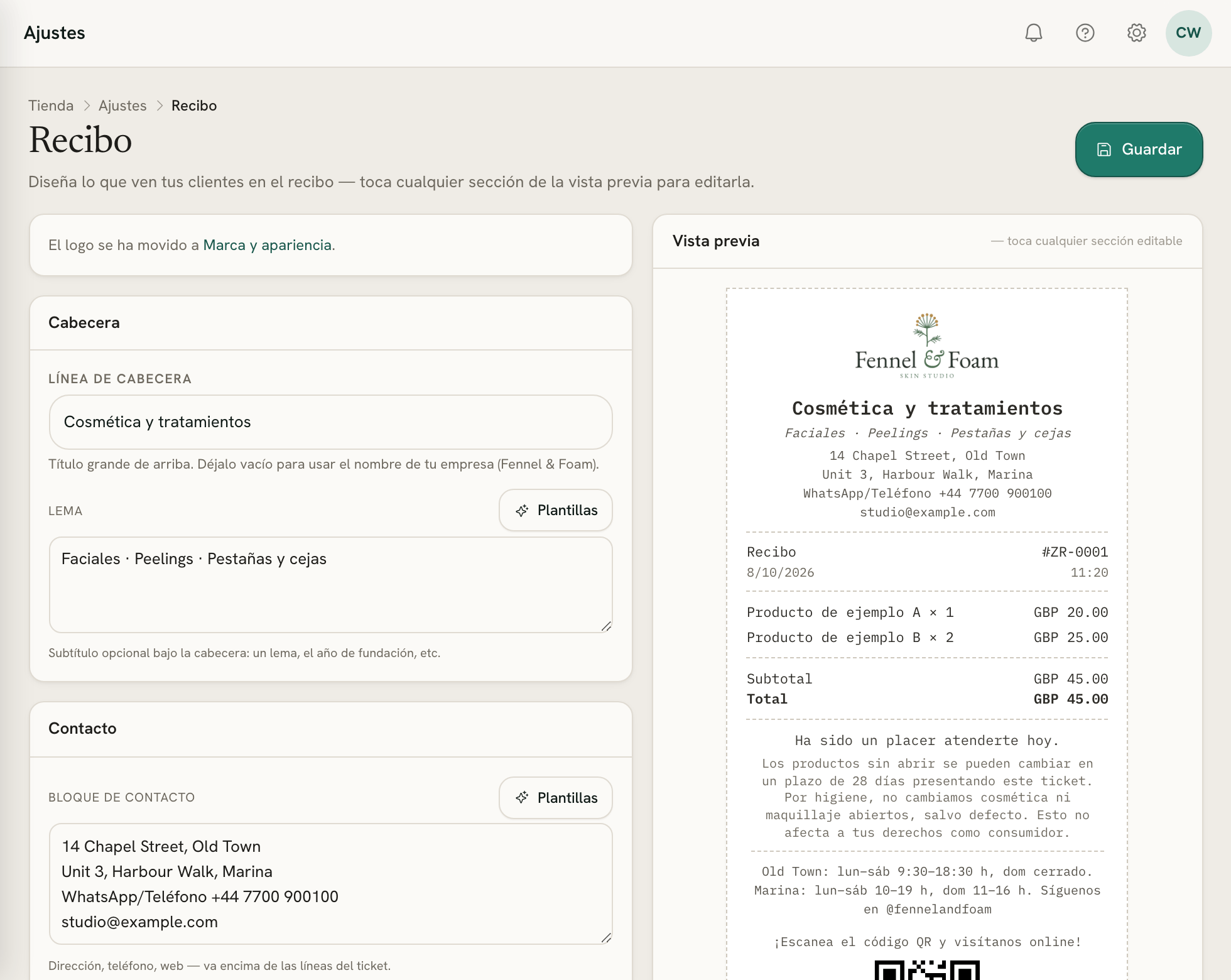 Ajustes → Recibo con la cabecera, el bloque de contacto y una vista previa del ticket