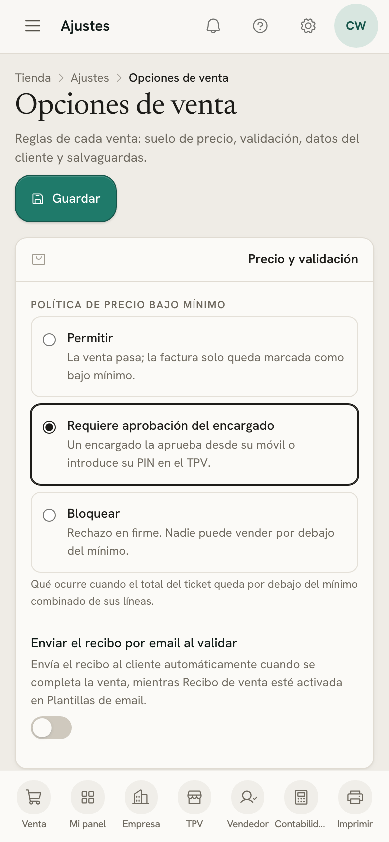 Opciones de venta en un móvil, con la política de precio bajo mínimo en aprobación del responsable