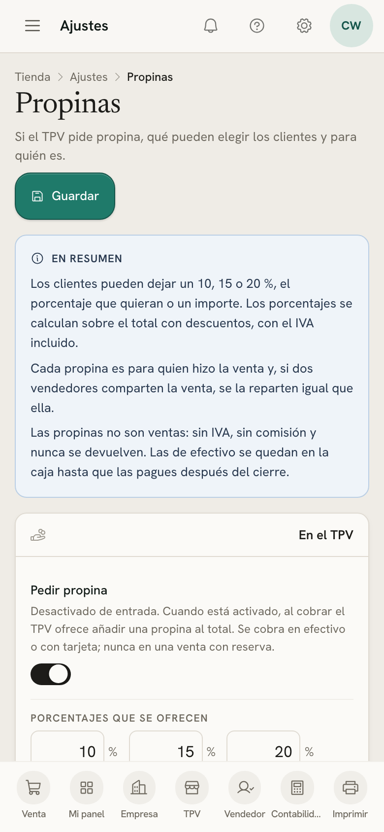 Ajustes de propinas en un móvil: En resumen repite las elecciones encima de Pedir propina, activado