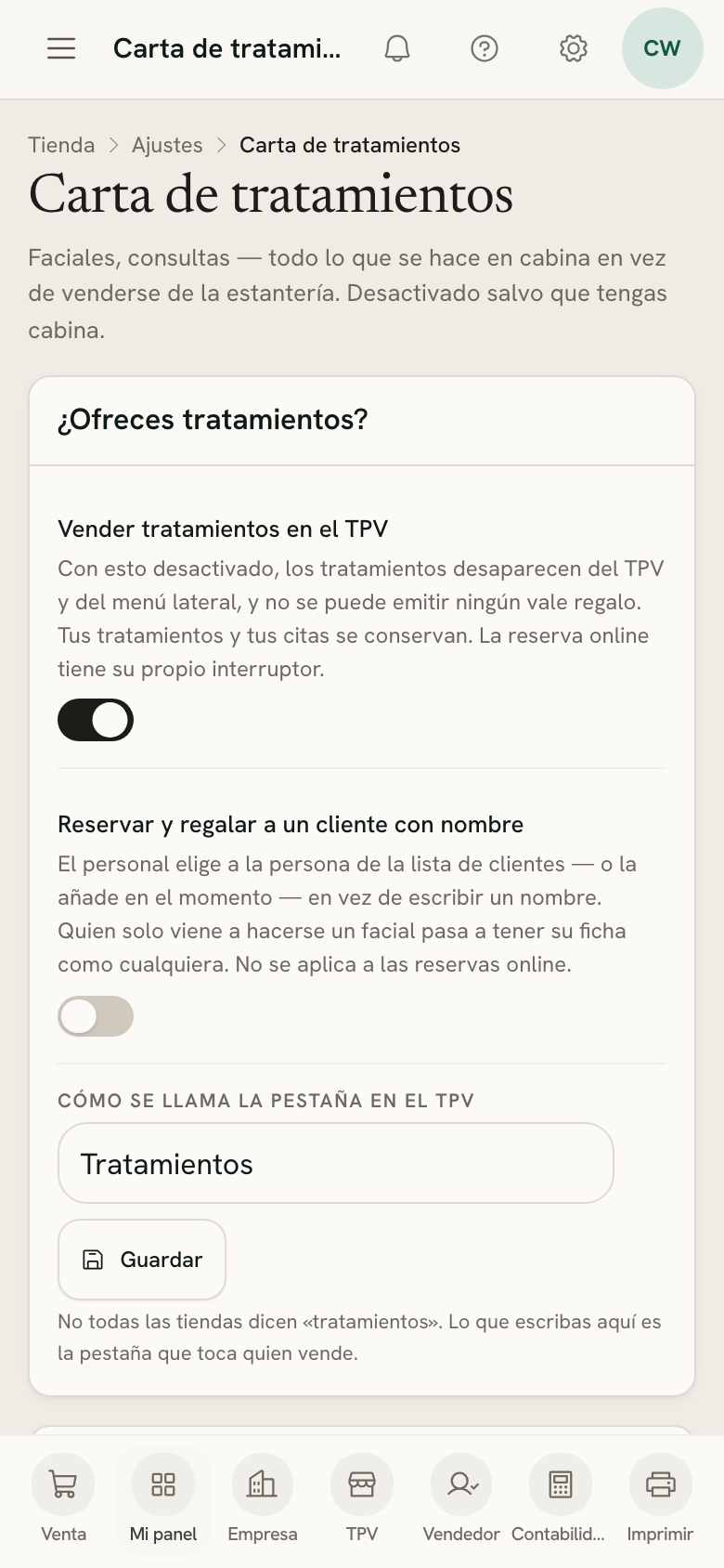 Ajustes → Carta de tratamientos en un móvil, con los tratamientos activados