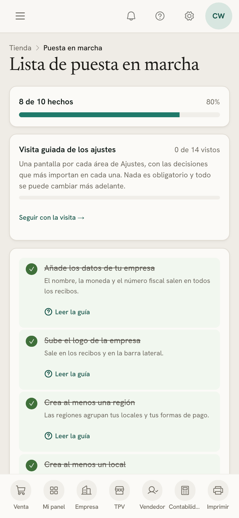 La Lista de puesta en marcha en un móvil, con su barra de progreso y el recorrido por los ajustes