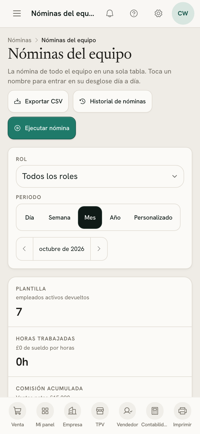 Nóminas del equipo en un móvil: plantilla, comisión y pago del mes