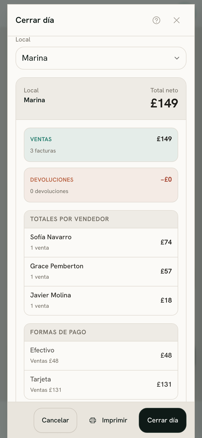 La ventana Cerrar día de Marina en un móvil, con las ventas del día, los totales por vendedor y las formas de pago