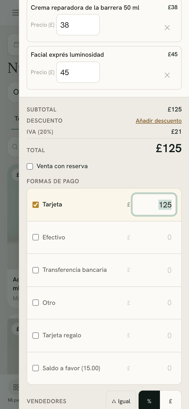 Formas de pago en el TPV en un móvil, con una forma marcada y el total rellenado