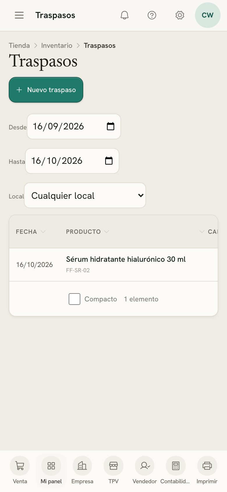 Traspasos en un móvil, con un traspaso de stock de una tienda a la otra