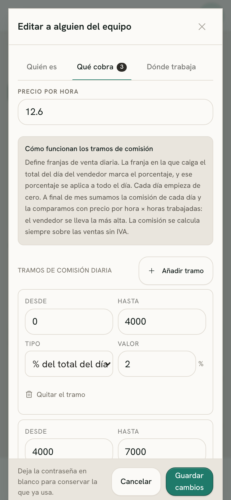 La pestaña Qué cobra de la ventana Editar de una vendedora, en un móvil