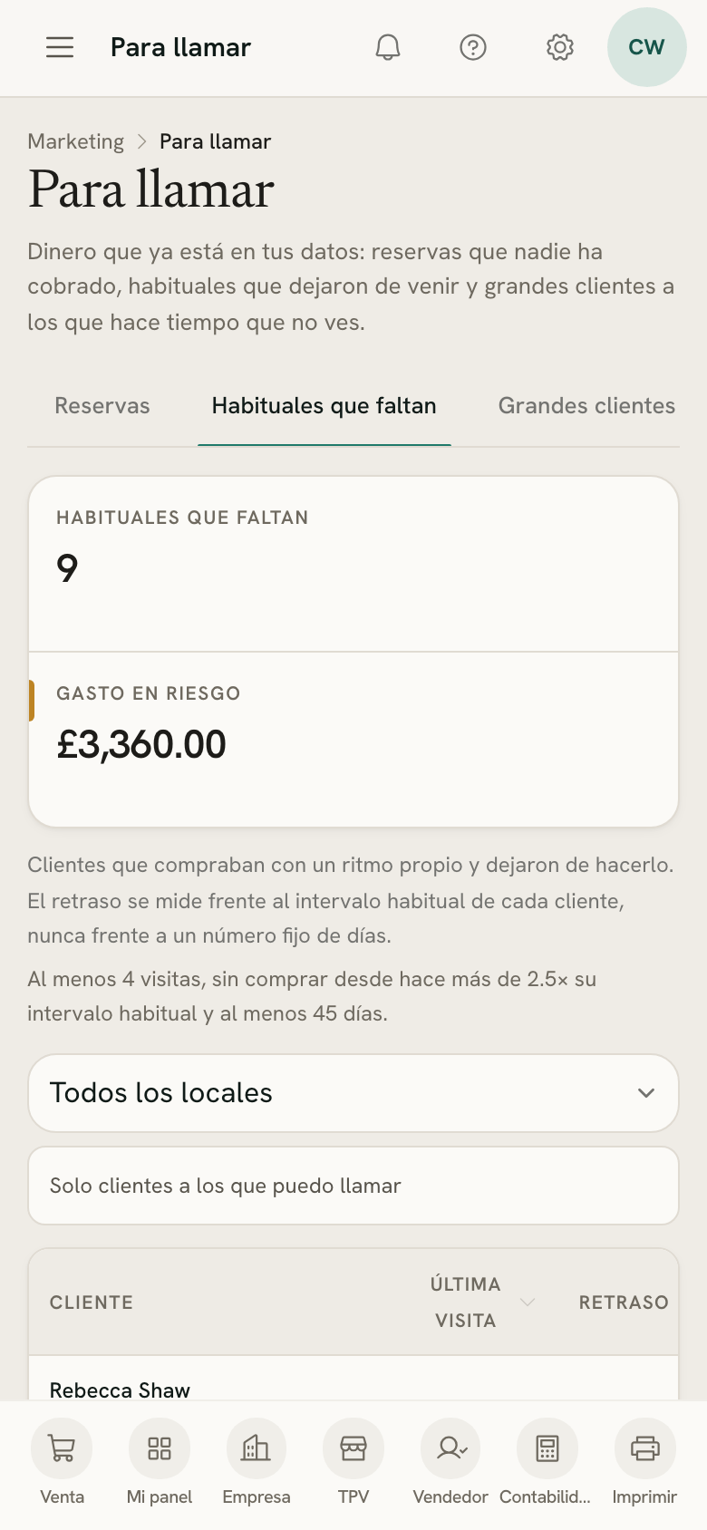 Para llamar en un móvil, con los clientes habituales que no han vuelto