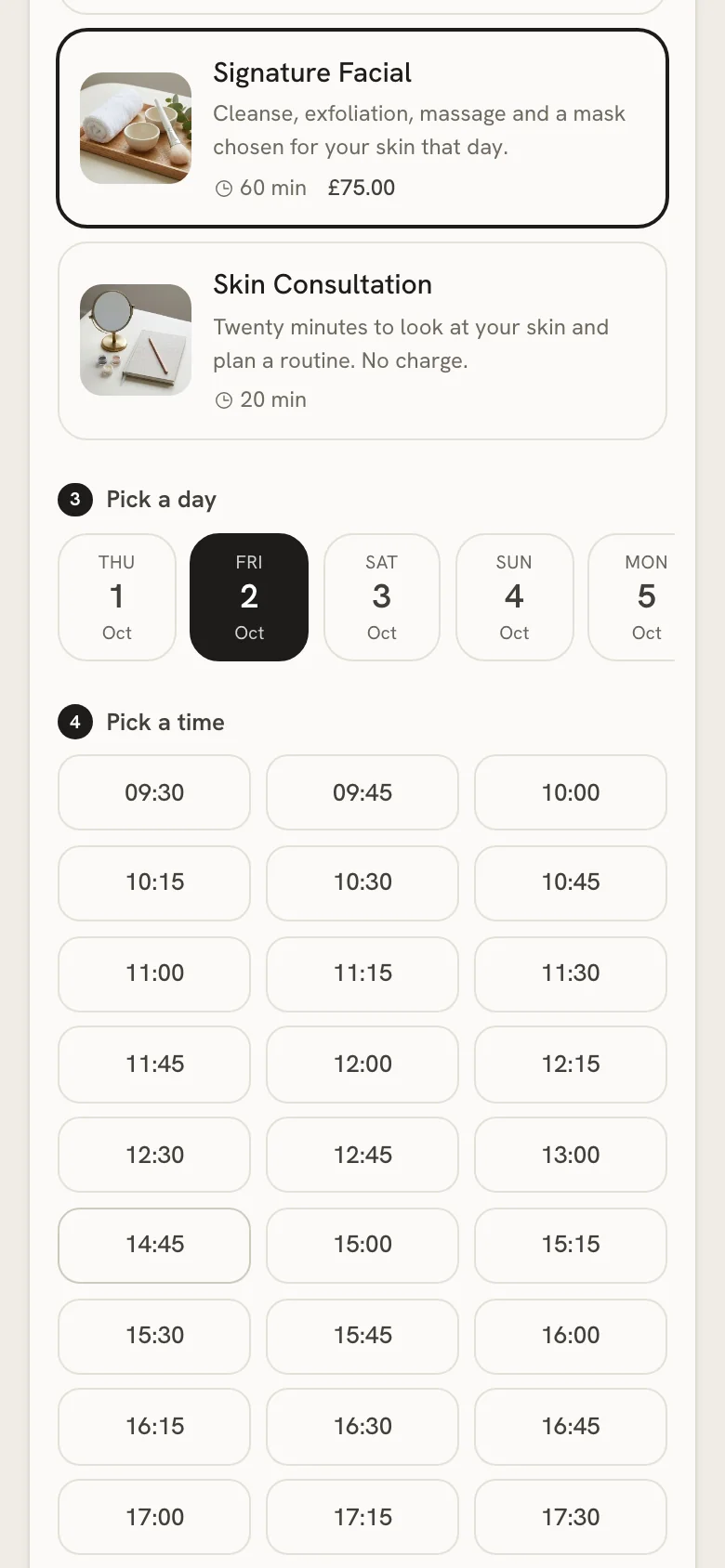 A shop’s online booking page on a phone, showing free times for a treatment.