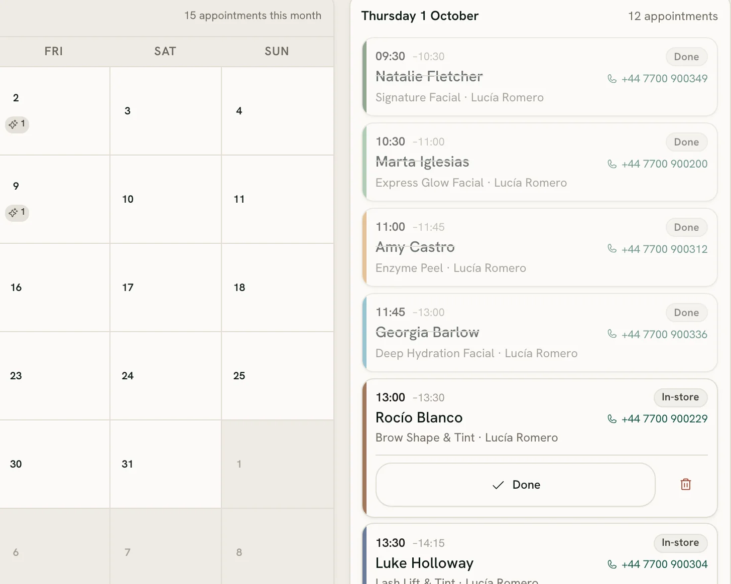 The treatment diary: today’s appointments, each with its treatment, therapist and time.