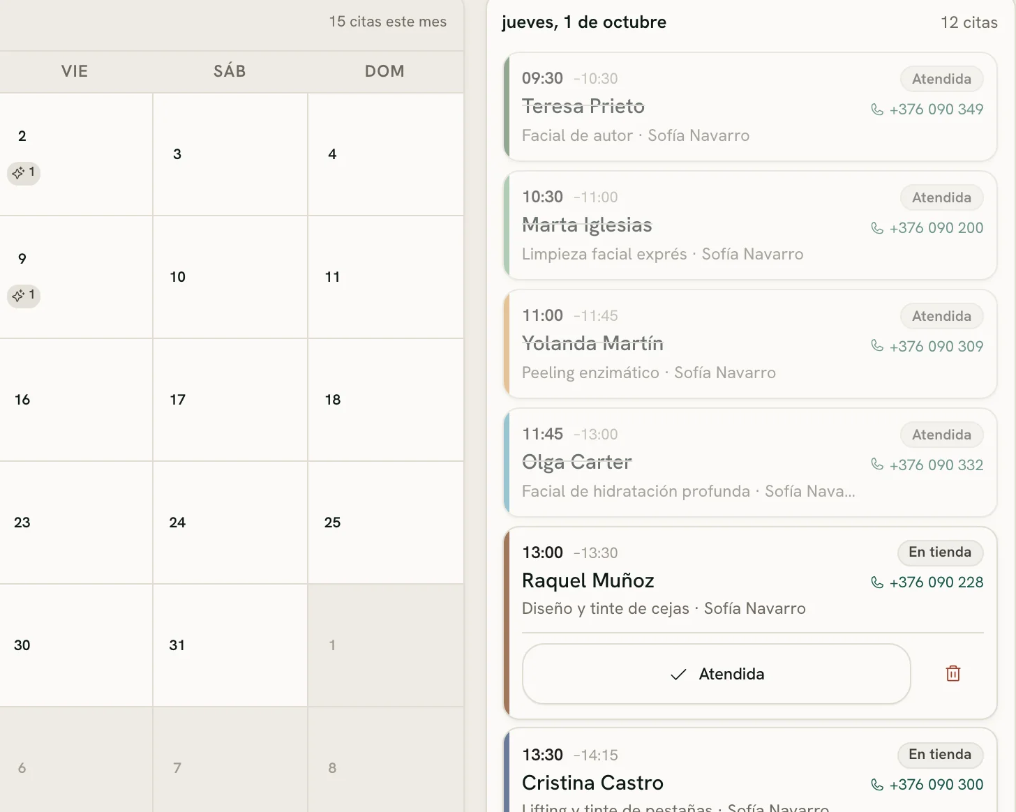 La agenda de tratamientos: las citas de hoy, cada una con su tratamiento, su terapeuta y su hora.