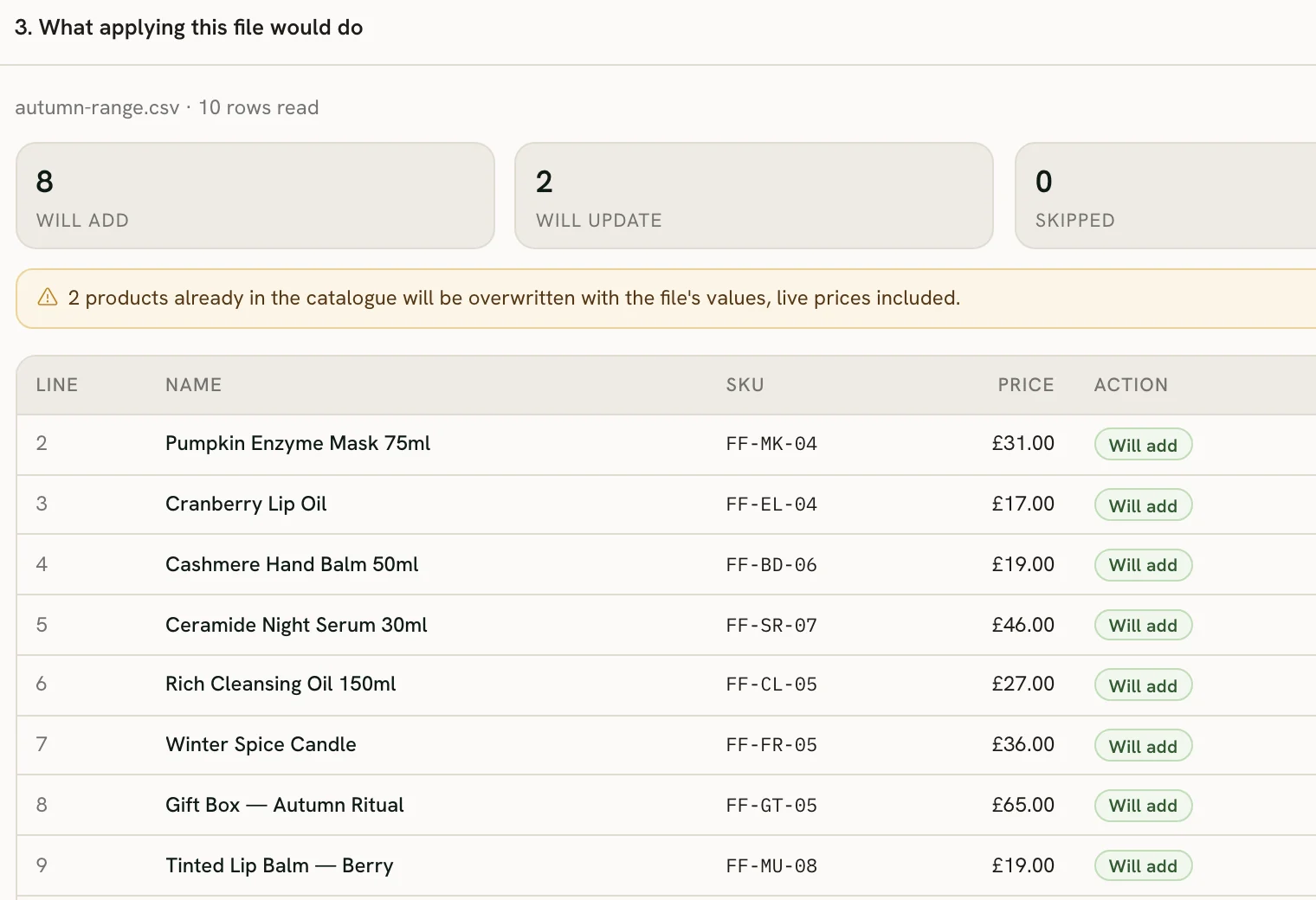 A product list’s import preview: what will be added and what updated, before anything is saved.