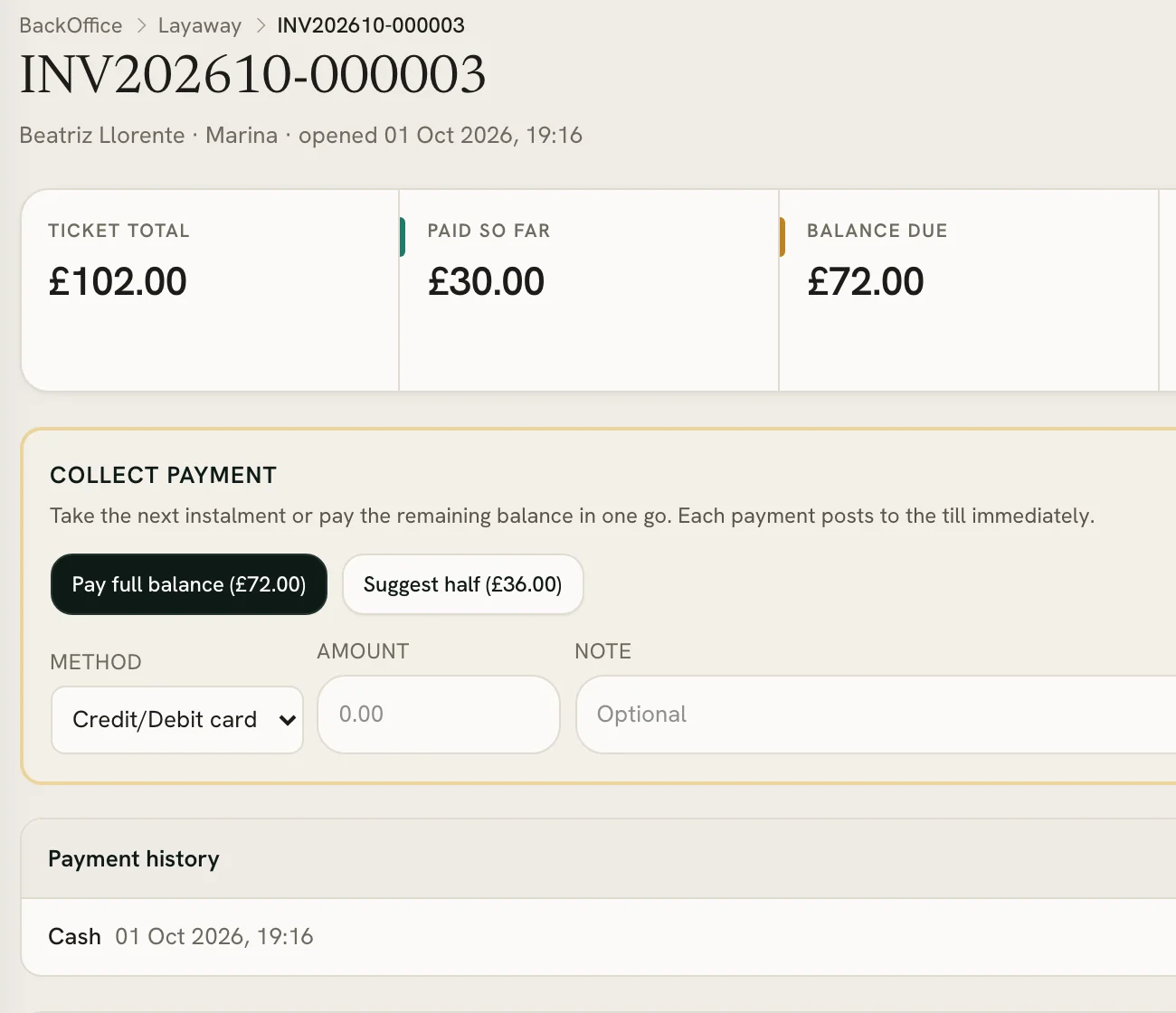 A layaway: the ticket total, what has been paid so far and the balance still due.